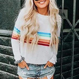 Rainbow-Striped Crew-neck Long-sleeve Tshirt